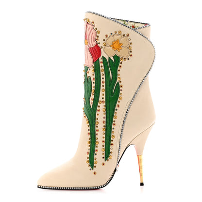 Gucci Calfskin Floral Crystal Embroidered Fosca Boots 38 Mystic White 1 of 10