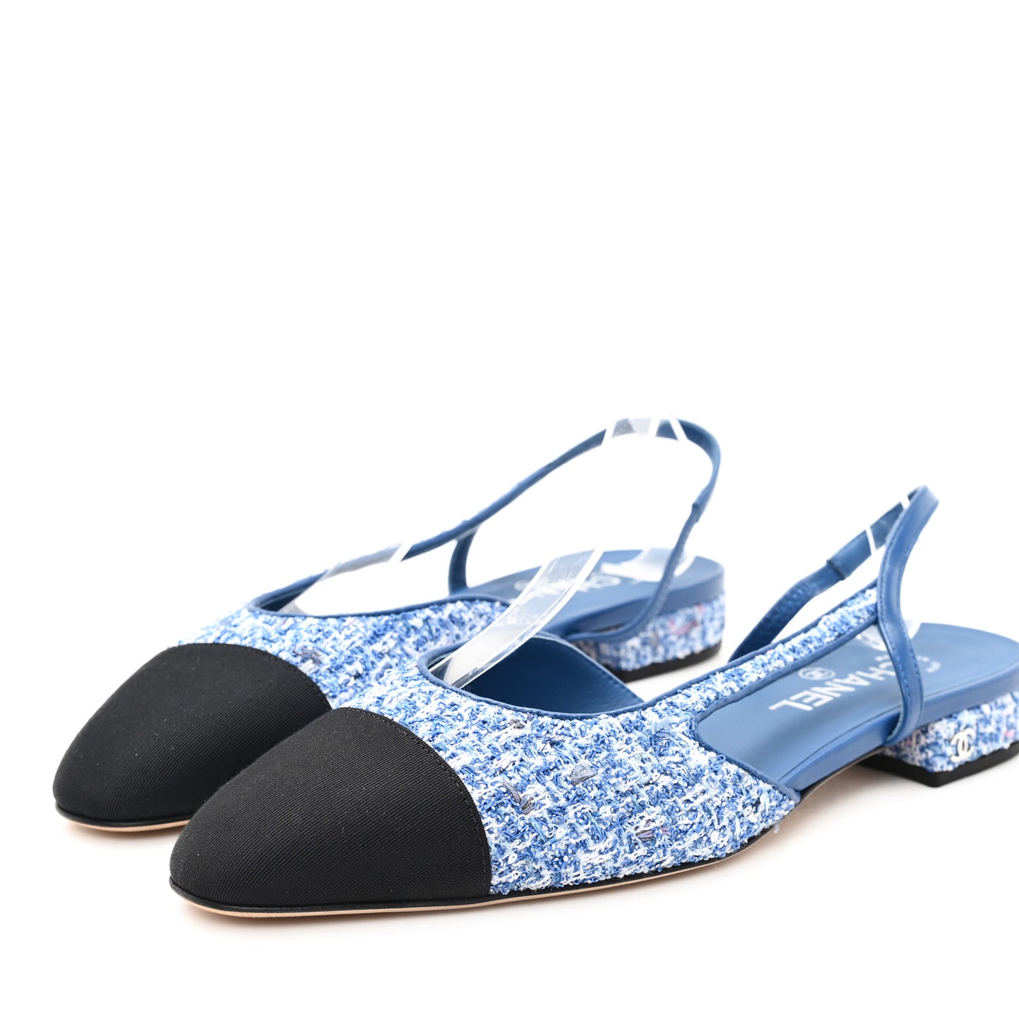 Tweed Grosgrain Cap Toe Slingback Flats 39 Blue White Black