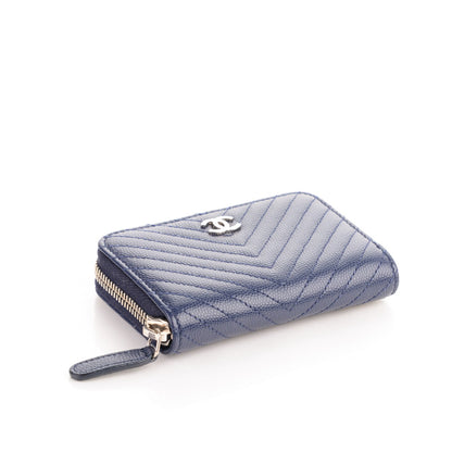 Chanel Caviar Chevron Quilted Zip Around Coin Purse Navy Blue 4 of 7