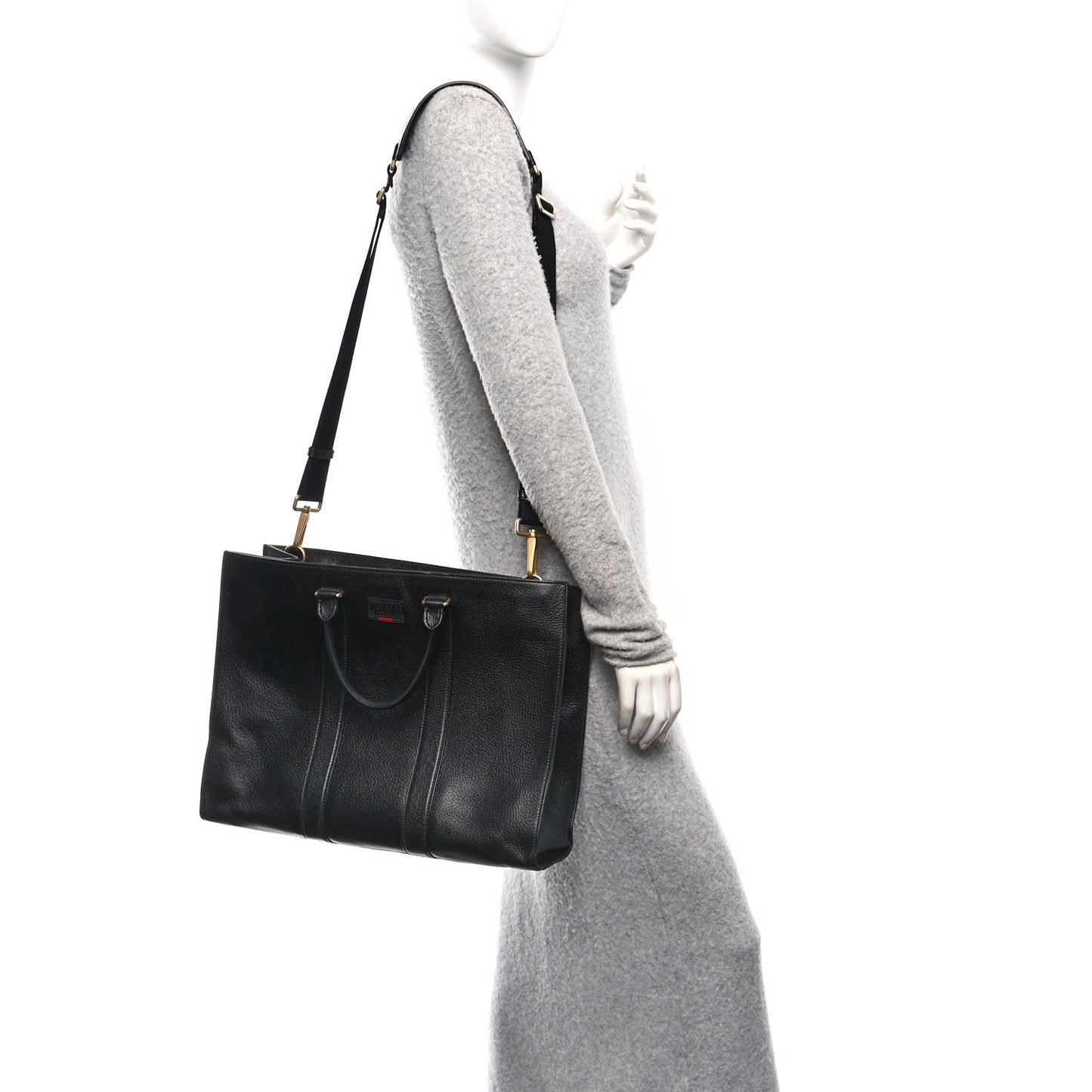Grained Calfskin Web Top Handle Tote Black
