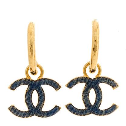 Chanel Metal Enamel CC Hoop Earrings Gold Denim Blue 1 of 4