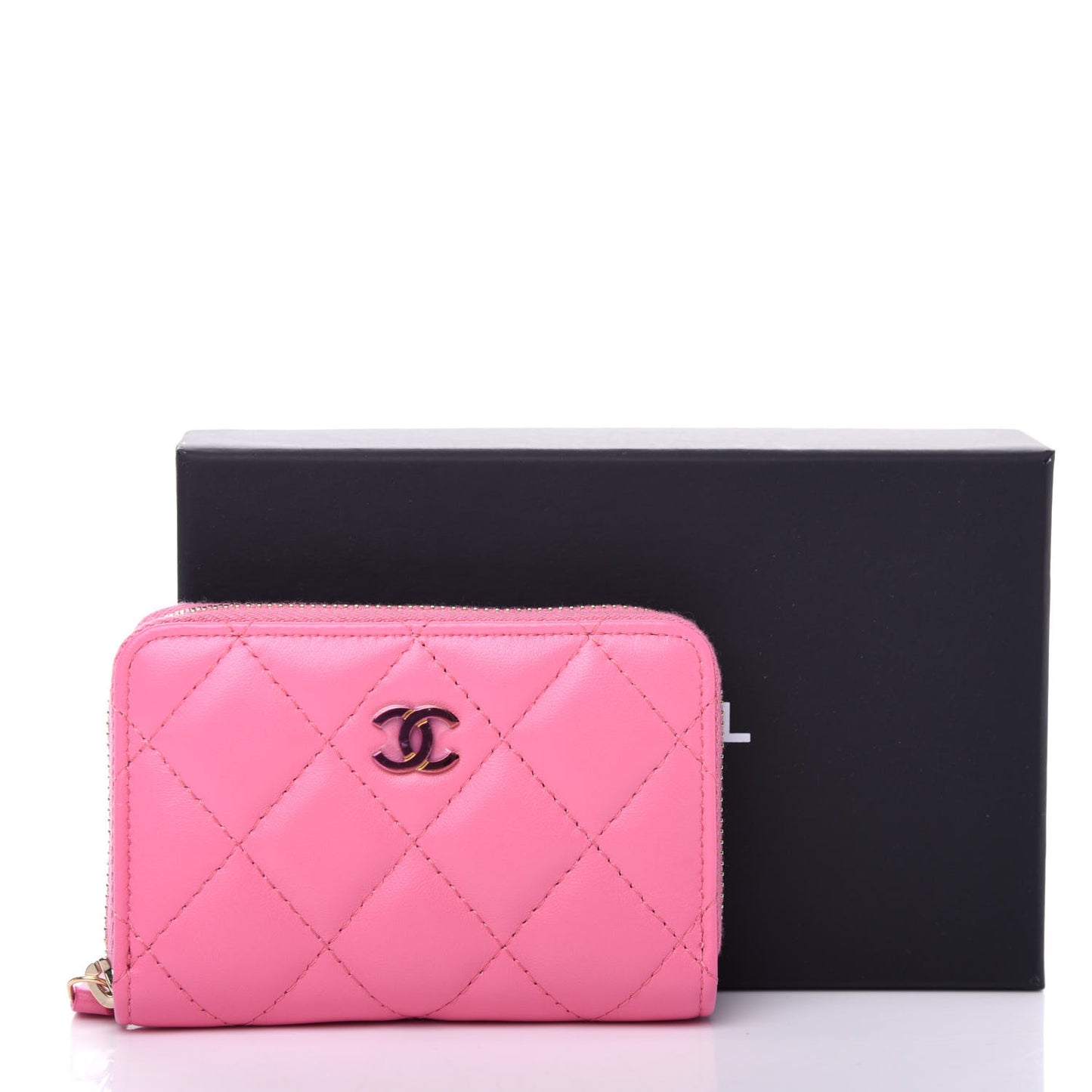 Lambskin Quilted Zip Around Coin Purse Wallet Pink Yellow