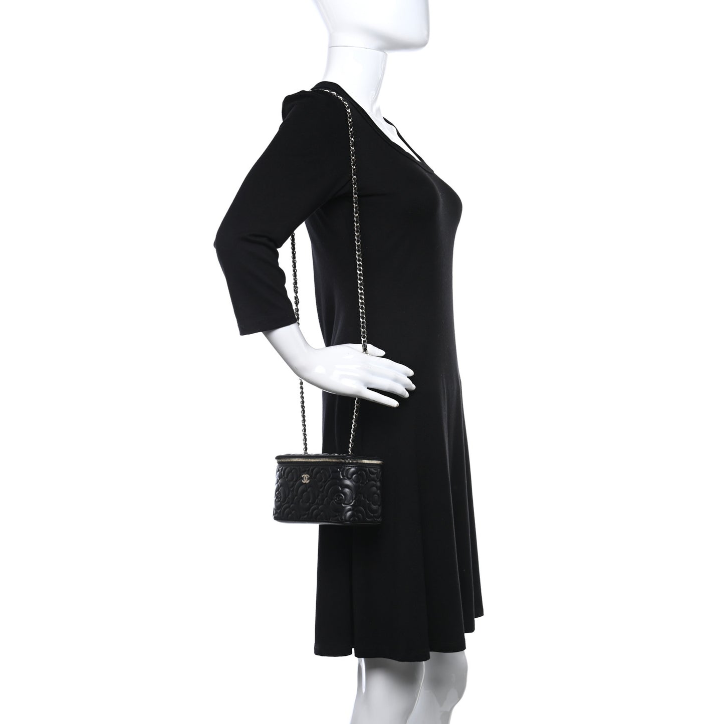 Lambskin Camellia Embossed Small Vanity Case With Chain Black