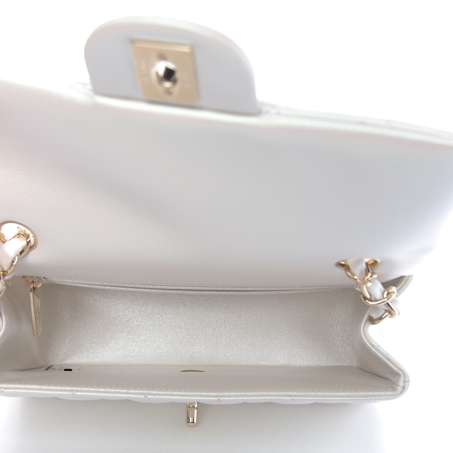 Iridescent Calfskin Quilted Mini Rectangular Flap White
