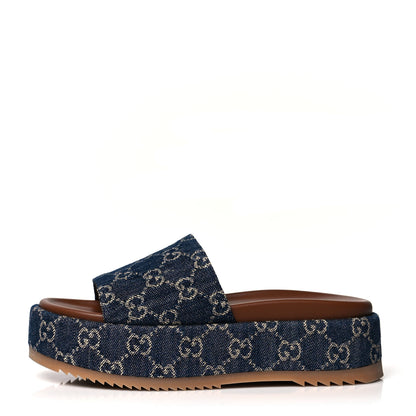 Gucci New Denim GG Monogram Angelina Platform 55mm Slide Sandals 37.5 Blue Tea 1 of 8