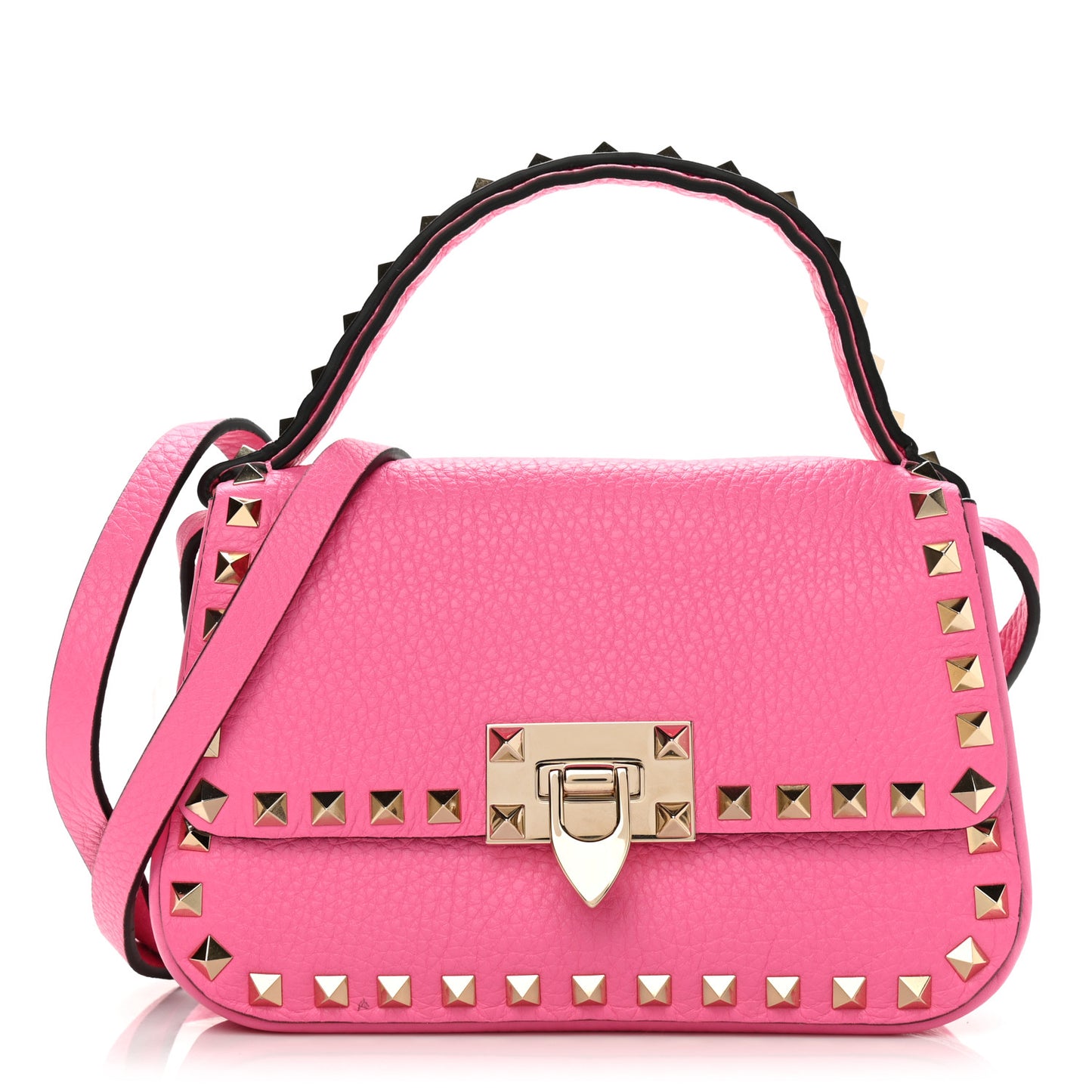 Grained Calfskin Small Rockstud Top Handle Bag Feminine Pink