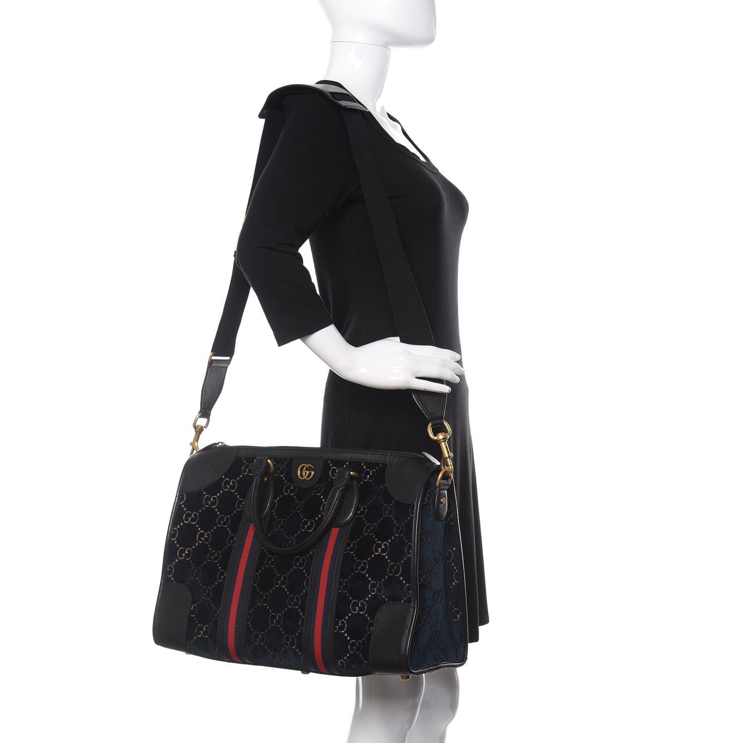 Velvet GG Monogram Textured Calfskin Web Medium Duffle Bag Blue Beige Black