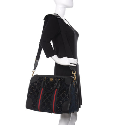 Gucci Velvet GG Monogram Textured Calfskin Web Medium Duffle Bag Blue Beige Black 2 of 9
