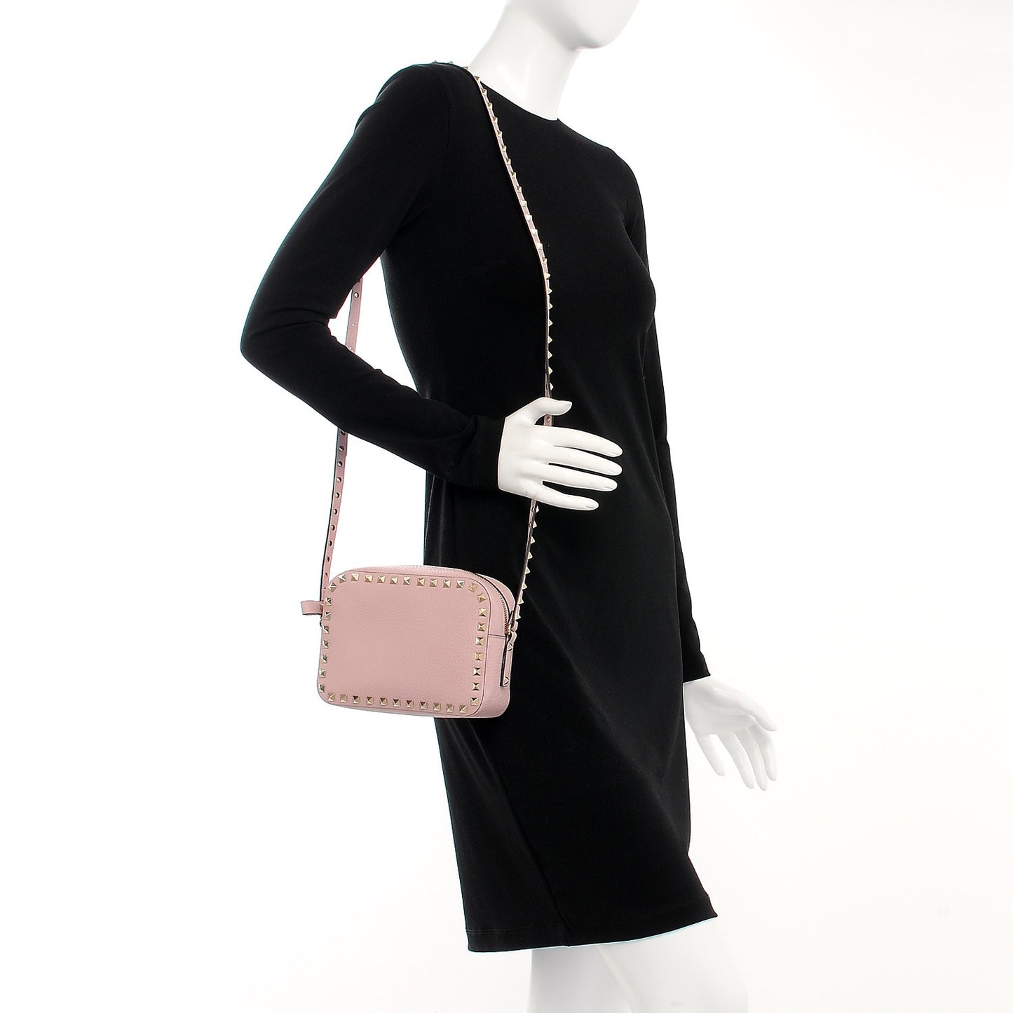 Grained Calfskin Rockstud Camera Crossbody Bag Water Rose