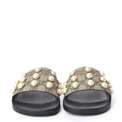 Gucci GG Supreme Monogram Pearls Slide Sandals 34 Beige 2 of 8