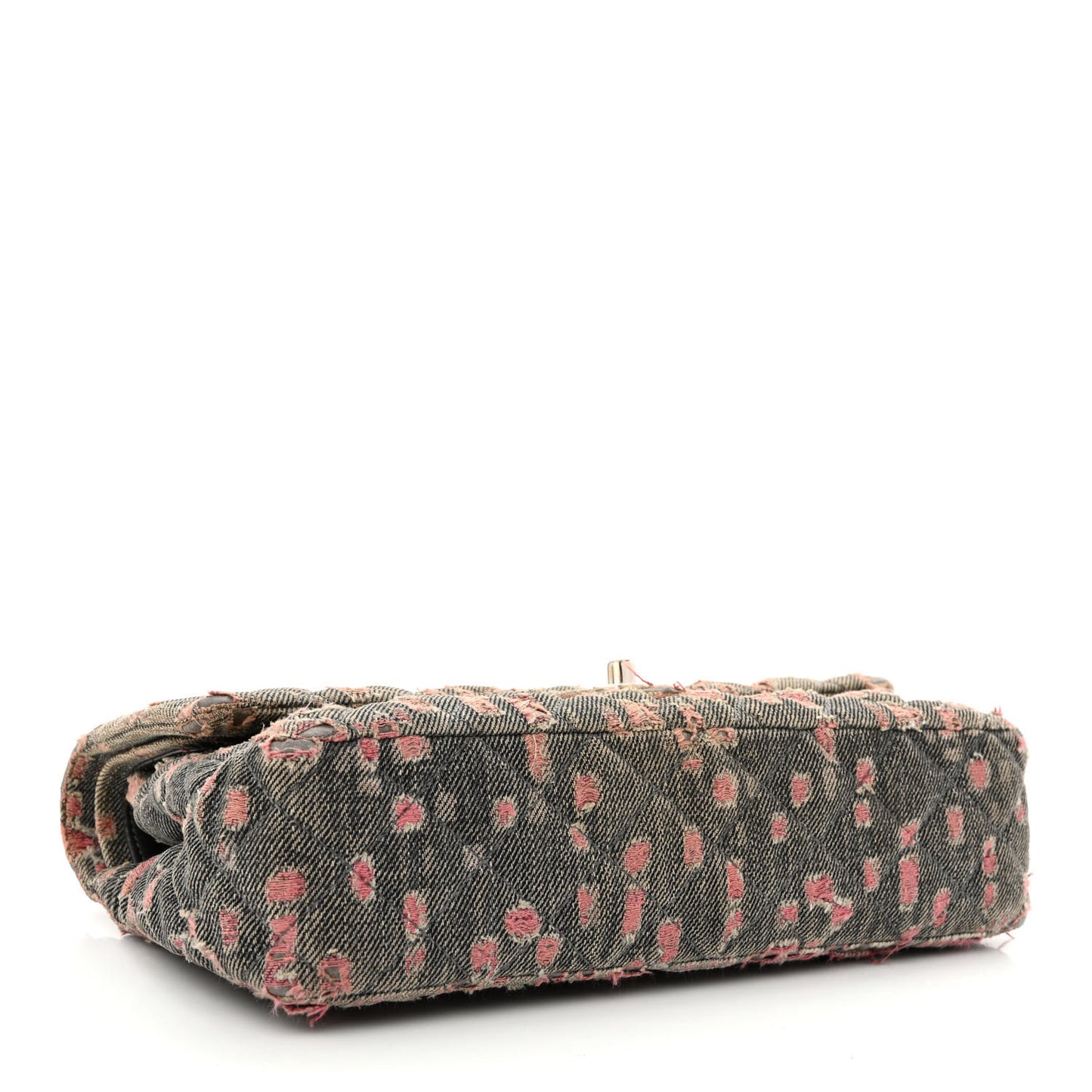 Distressed Denim Quilted Medium Double Flap Grey Pink