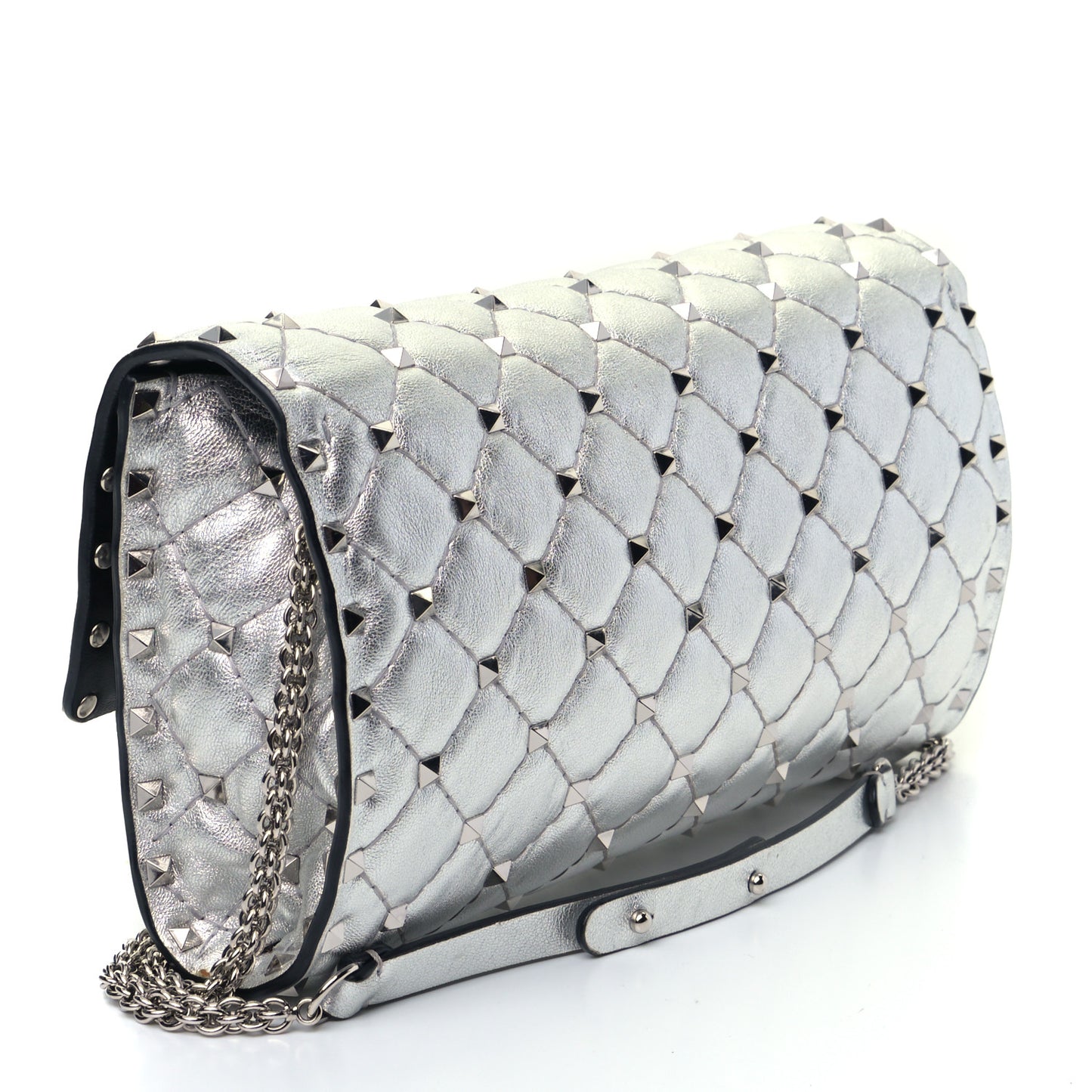 Metallic Lambskin Rockstud Spike Wallet on Chain Silver