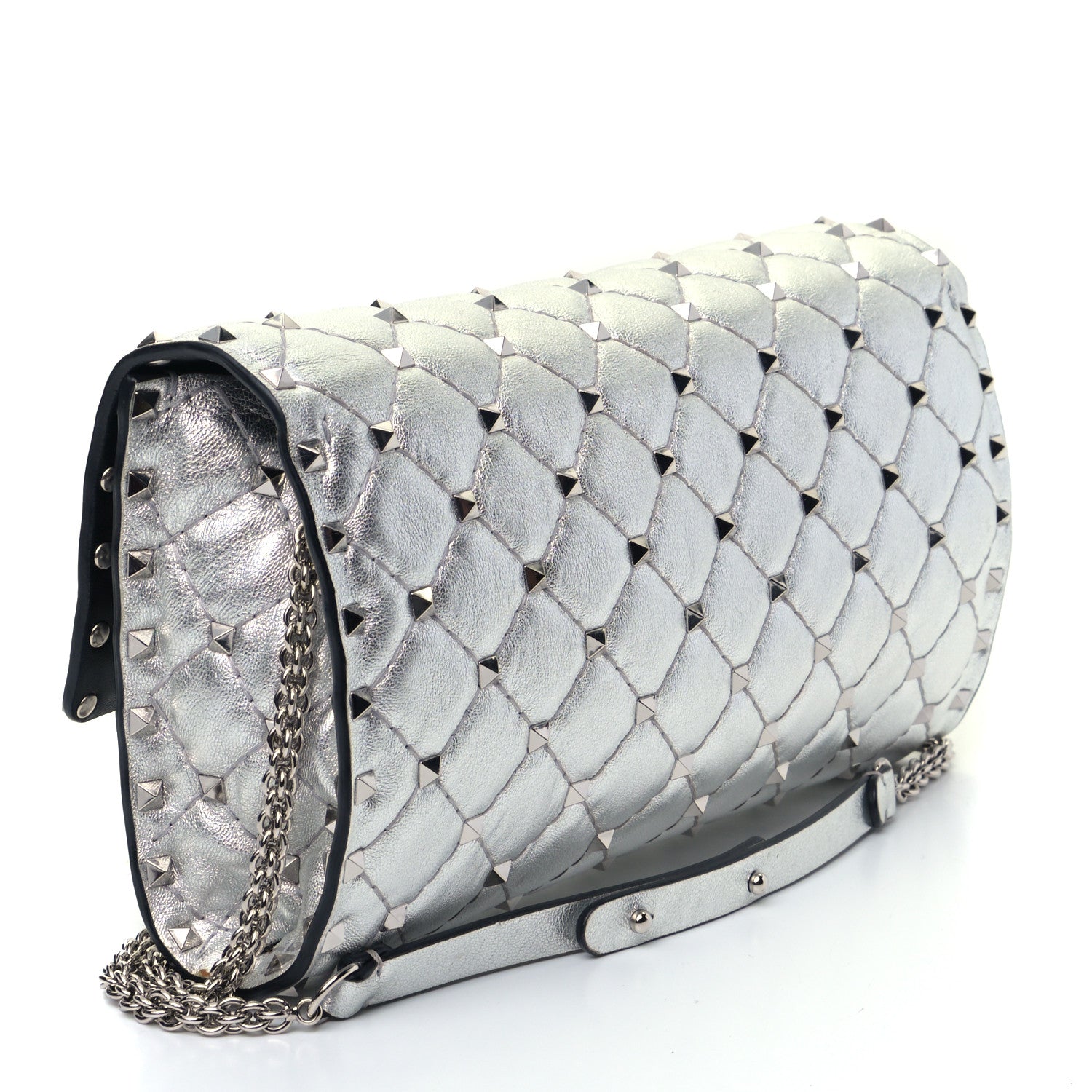 Valentino Garavani Metallic Lambskin Rockstud Spike Wallet on Chain Silver 2 of 5