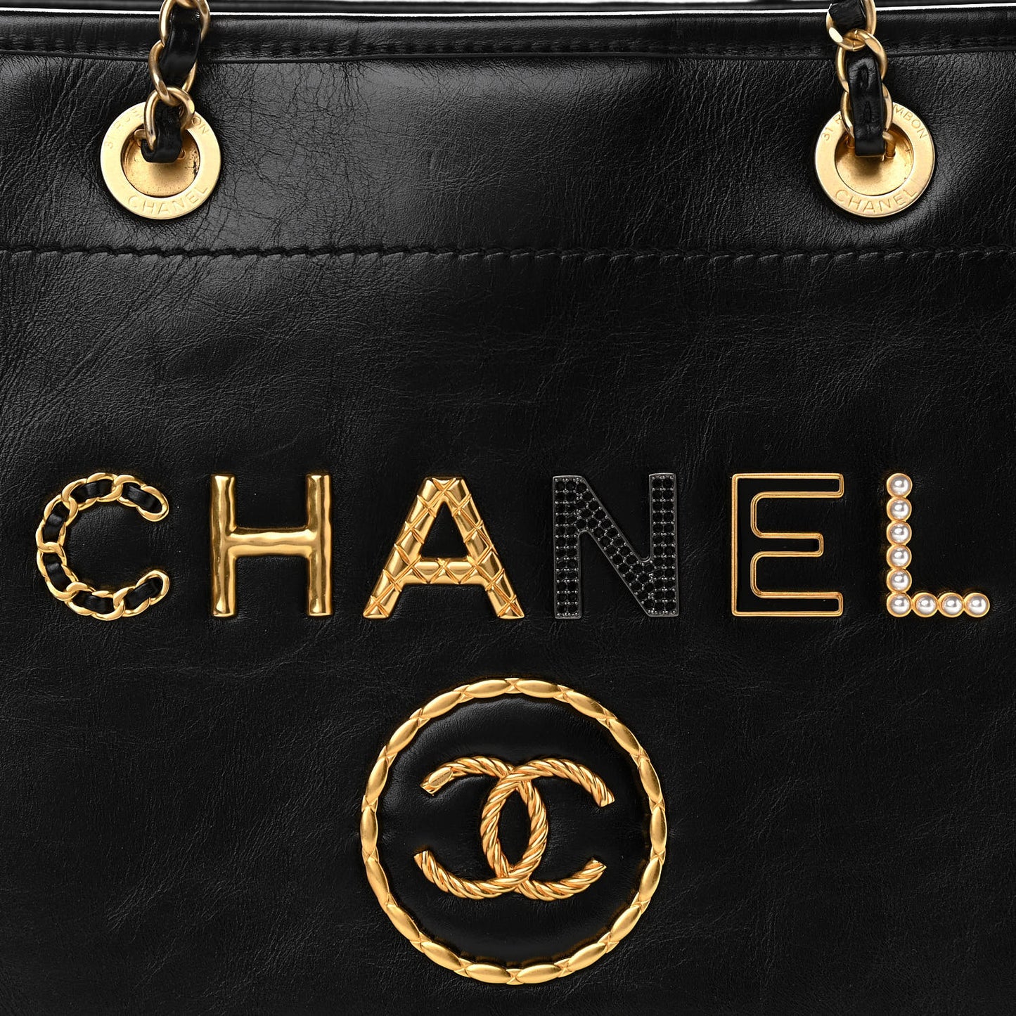 Aged Calfskin Small Charms Deauville Tote Black