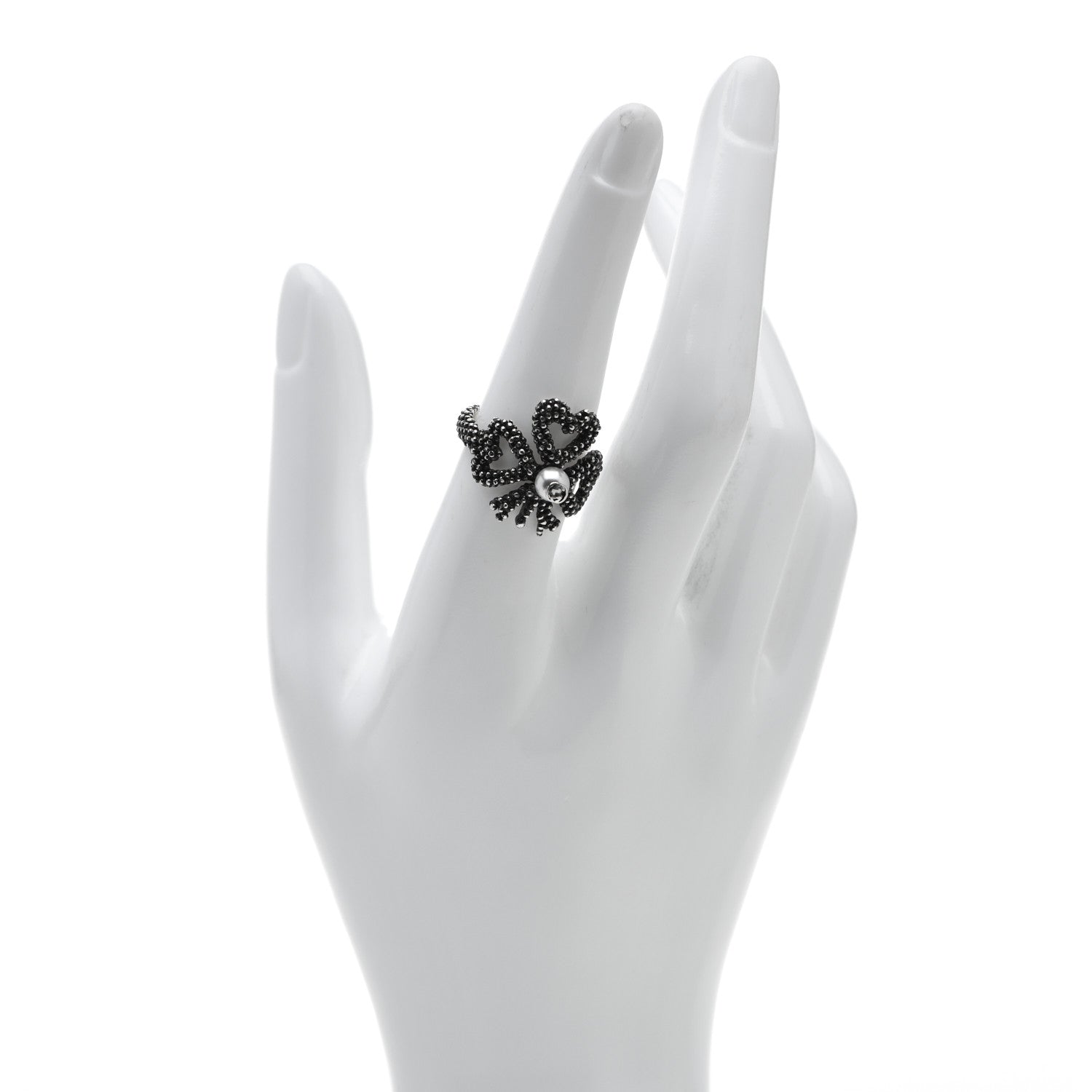 Gucci Sterling Silver Glass Pearl Heart Ribbon Ring 55 7.25 2 of 8