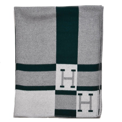 Hermes Wool Cashmere Avalon Bayadere Blanket Gris Vert Anglais 1 of 4