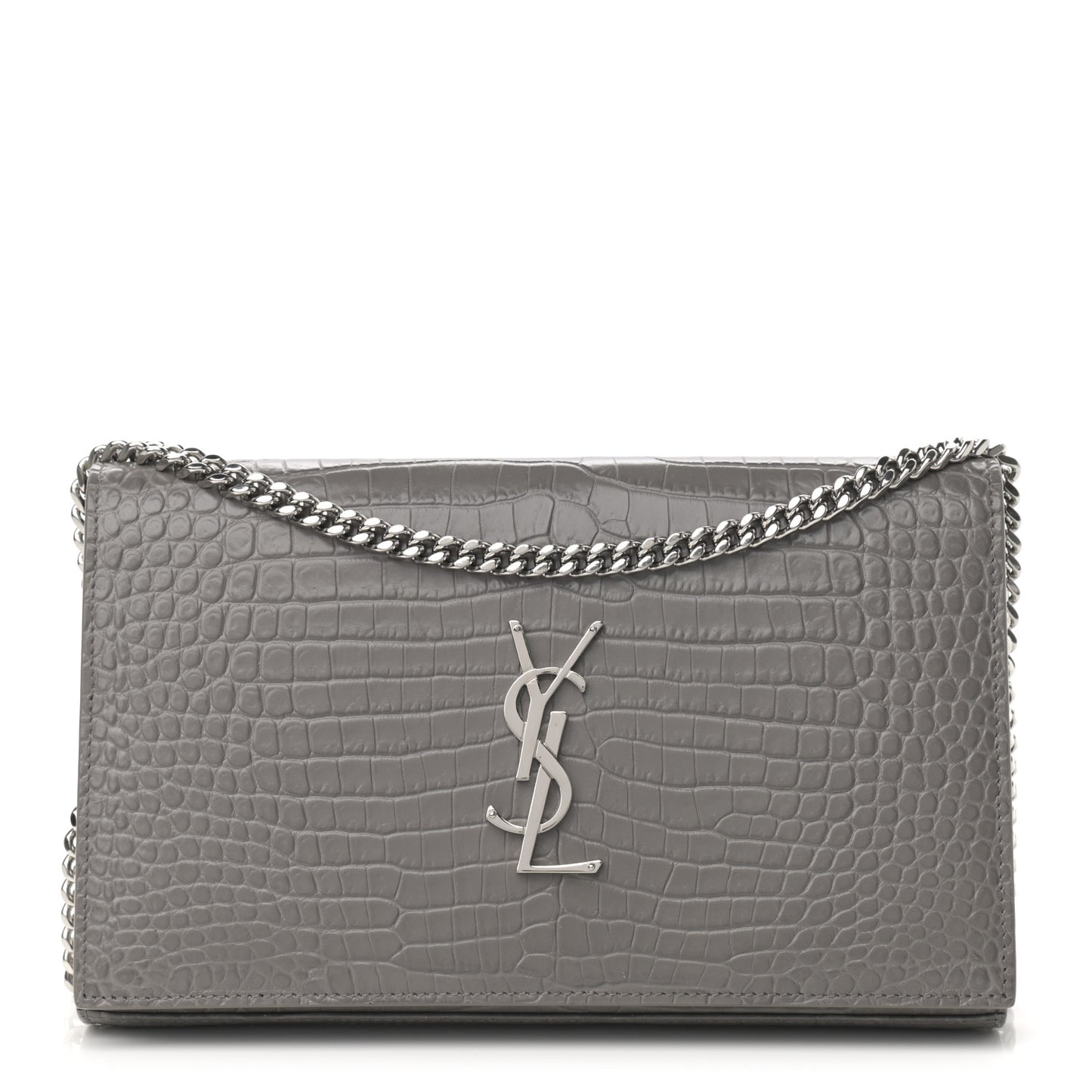 Calfskin Crocodile Embossed Monogram Chain Wallet Fog
