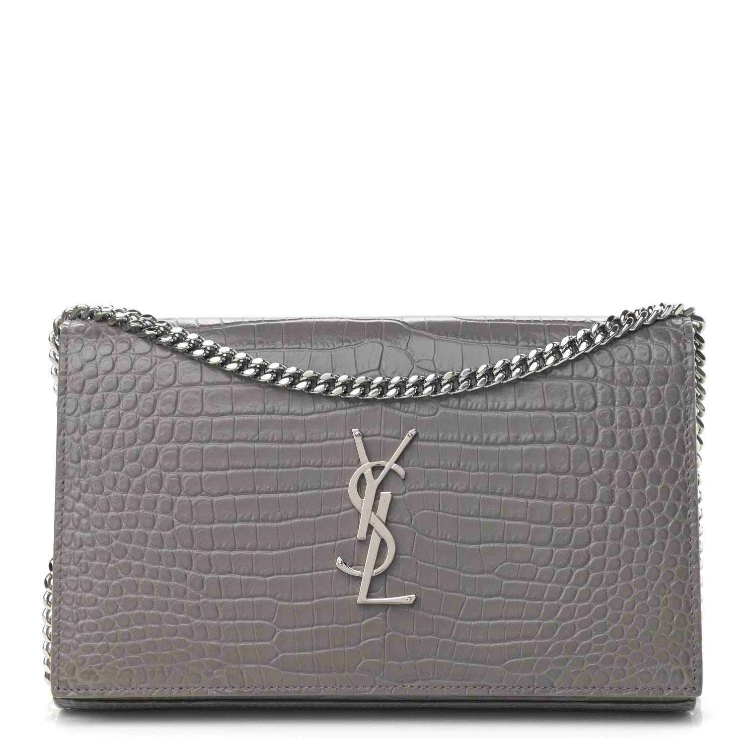 Saint Laurent Calfskin Crocodile Embossed Monogram Chain Wallet Fog 1 of 10
