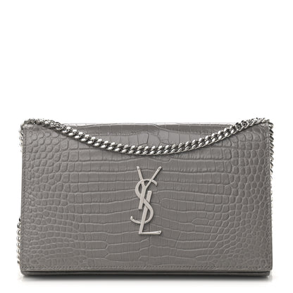Saint Laurent Calfskin Crocodile Embossed Monogram Chain Wallet Fog 1 of 10