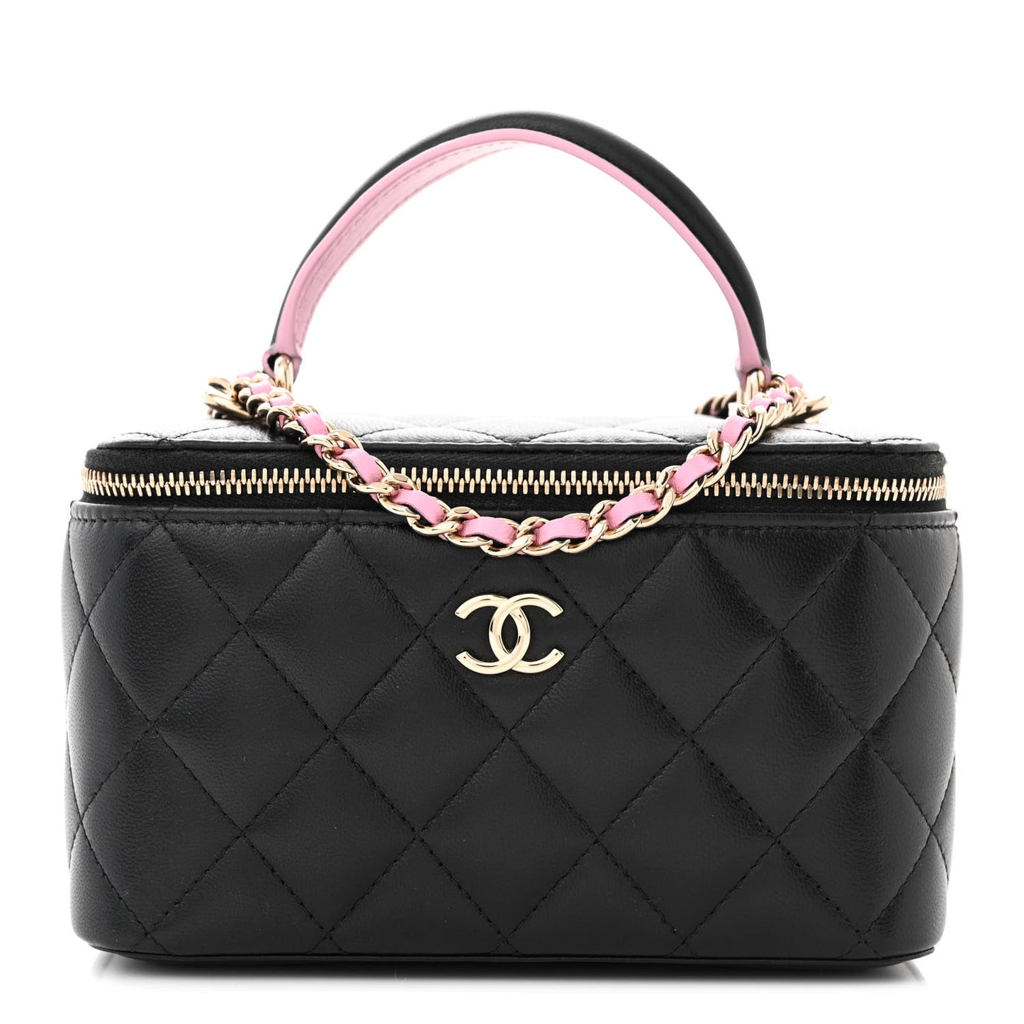 Lambskin Quilted Small Top Handle Vanity Case With Chain Black Lilac