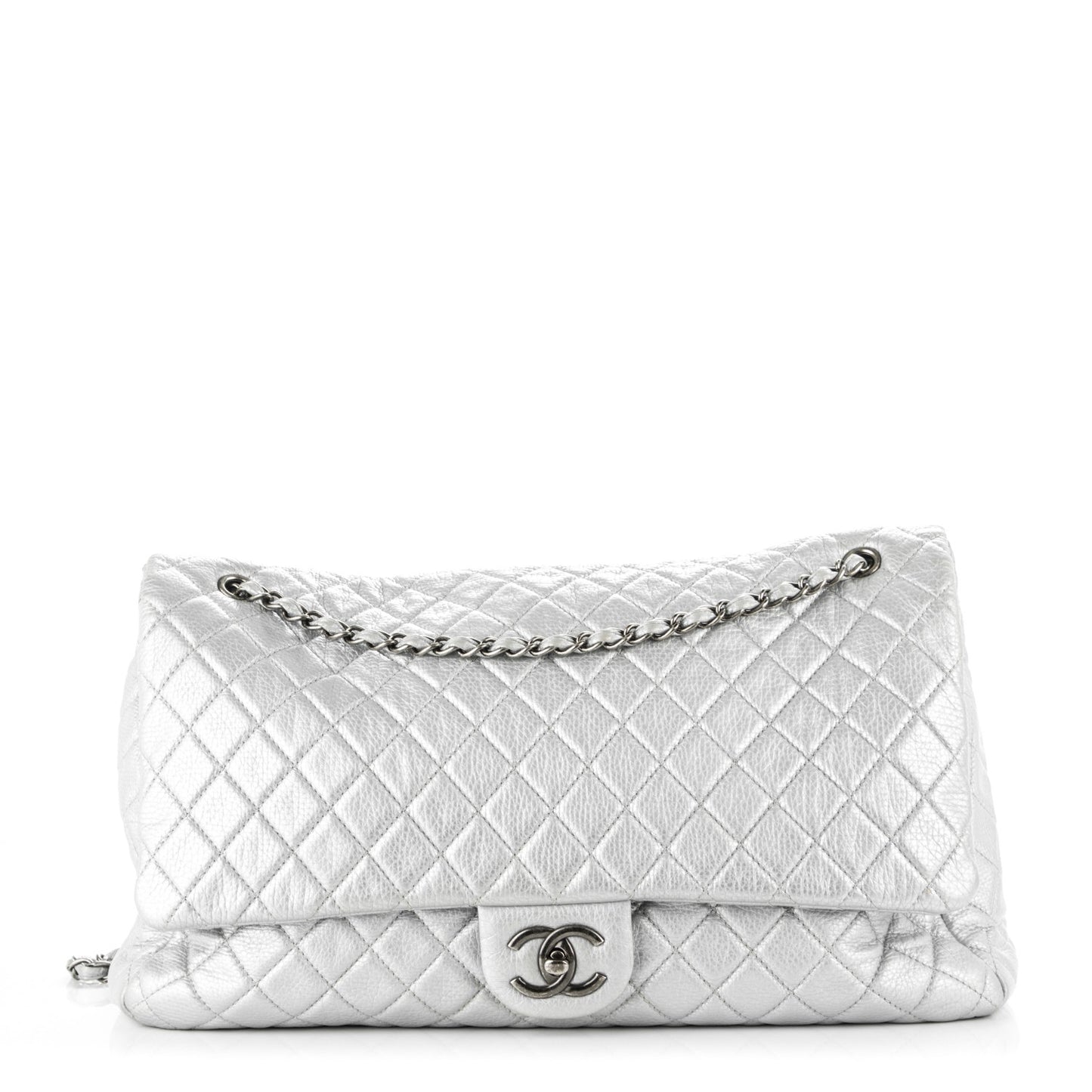 Metallic Calfskin XXL Travel Flap Bag Silver
