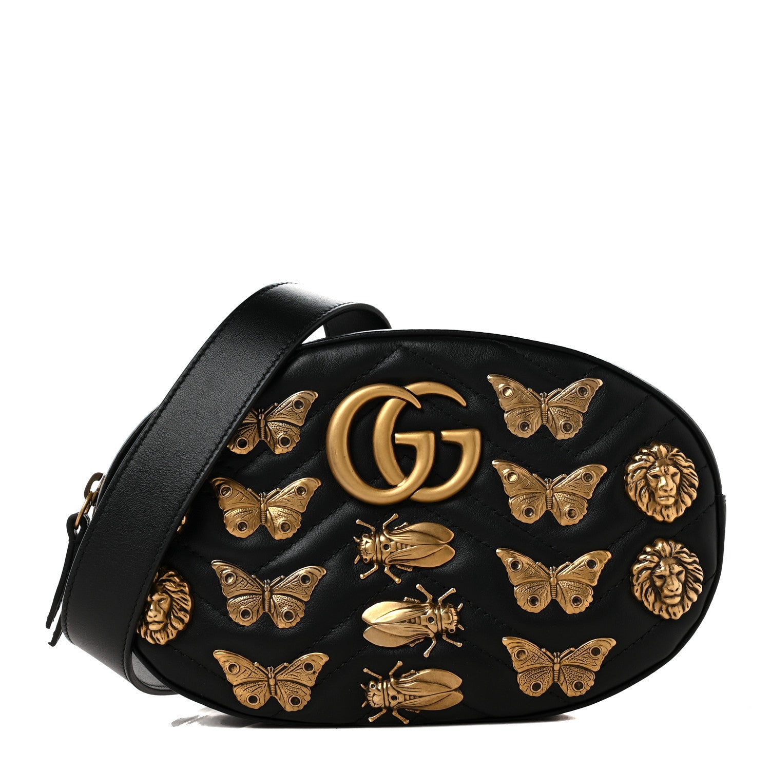 Gucci Calfskin Matelasse Animal Studs GG Marmont Belt Bag 85 34 Black 1 of 10
