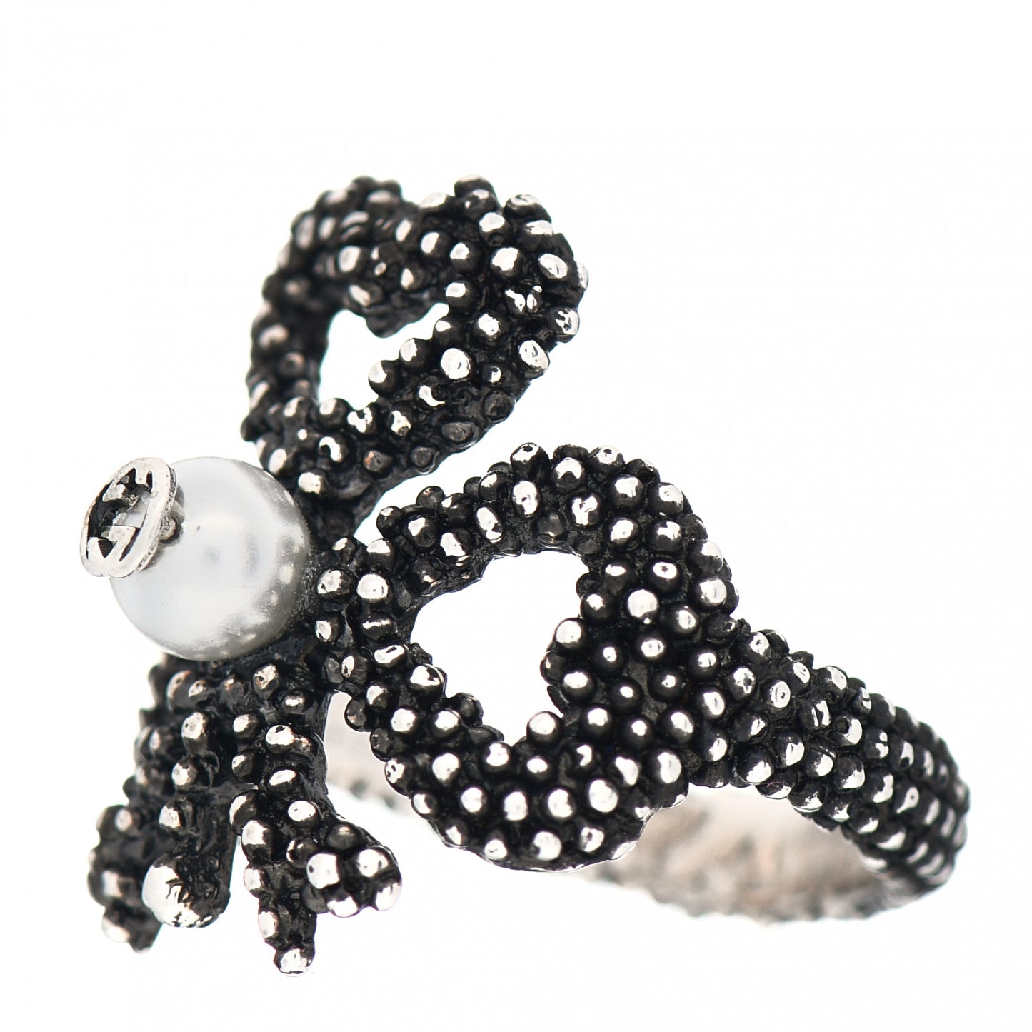 Sterling Silver Glass Pearl Heart Ribbon Ring 50 5.5