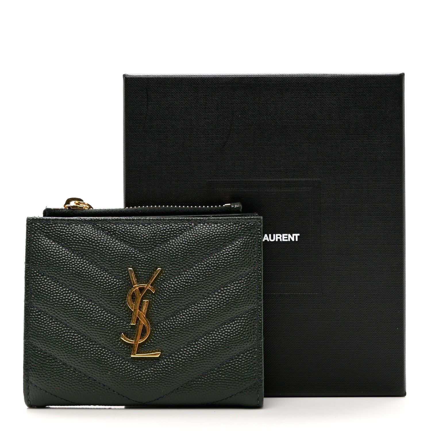 Saint Laurent Grain De Poudre Matelasse Chevron Monogram Zipped Card Case Green 9 of 9