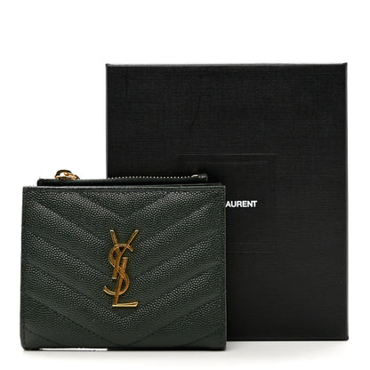 Saint Laurent Grain De Poudre Matelasse Chevron Monogram Zipped Card Case Green 9 of 9