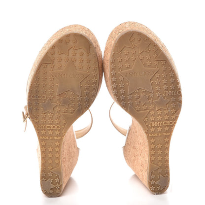 Jimmy Choo Patent Calfskin Cork Pela T Strap Wedge Sandals 37 Nude 7 of 10
