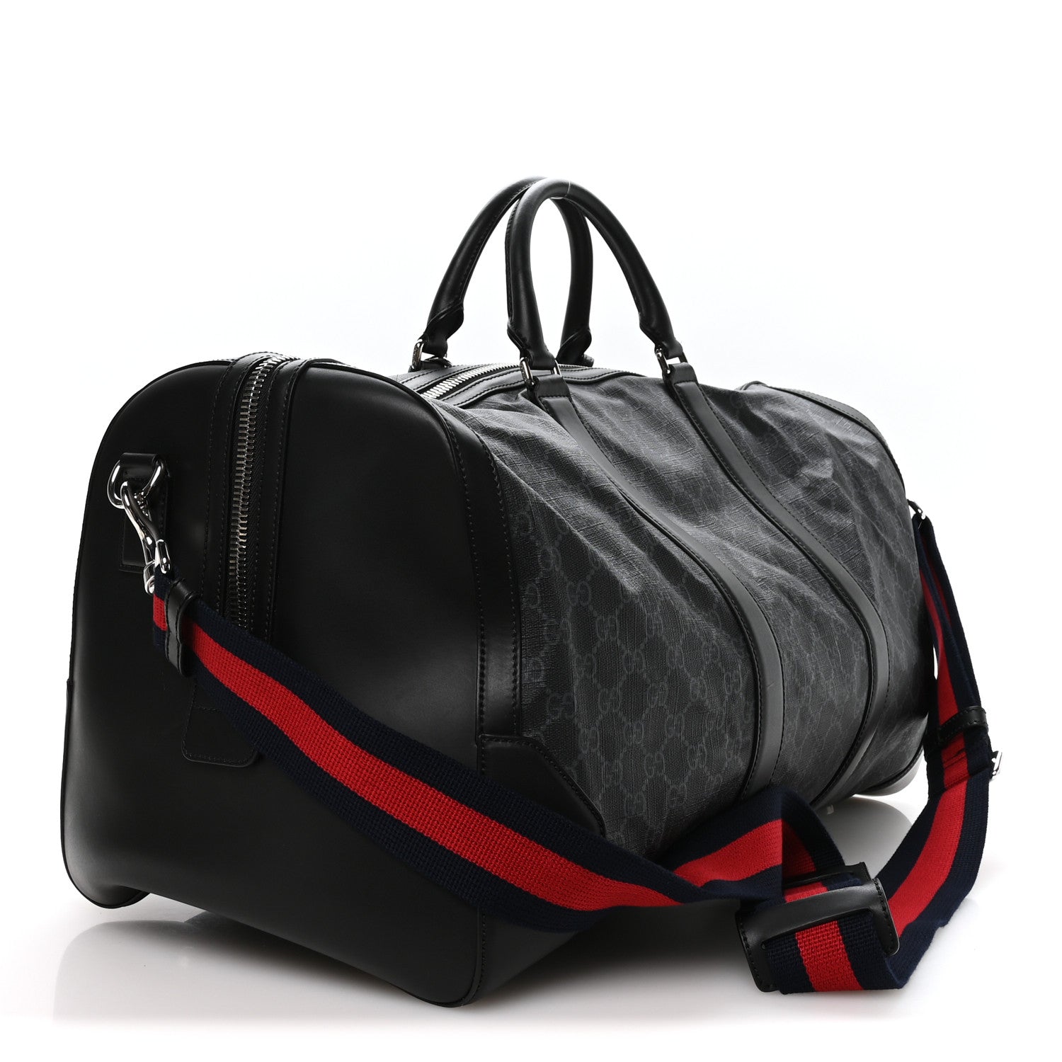 Gucci Soft GG Supreme Monogram Appia Calfskin Web Large Carry On Duffle Bag Black Grey 2 of 9