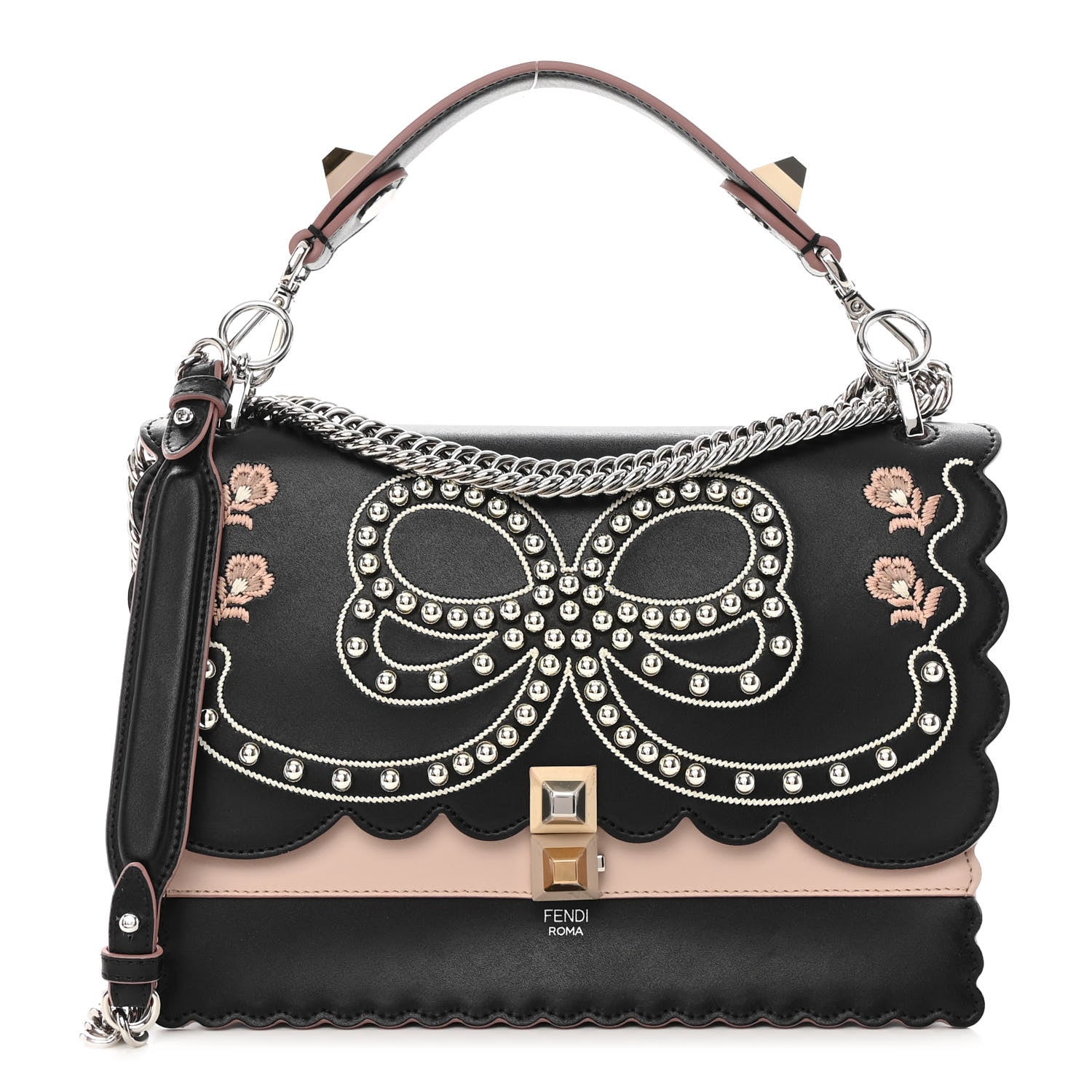 Fendi Vitello Liberty Pearl Bi-Color Flowers and Bow Scalloped Studded Kan I Shoulder Bag Black Soap 1 of 12
