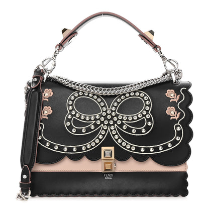 Fendi Vitello Liberty Pearl Bi-Color Flowers and Bow Scalloped Studded Kan I Shoulder Bag Black Soap 1 of 12
