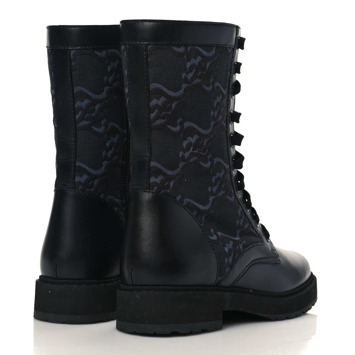 Fendi Vitello Fabric Jacquard Karligraphy Embroidered Womens Combat Boots 35.5 Black 4 of 7