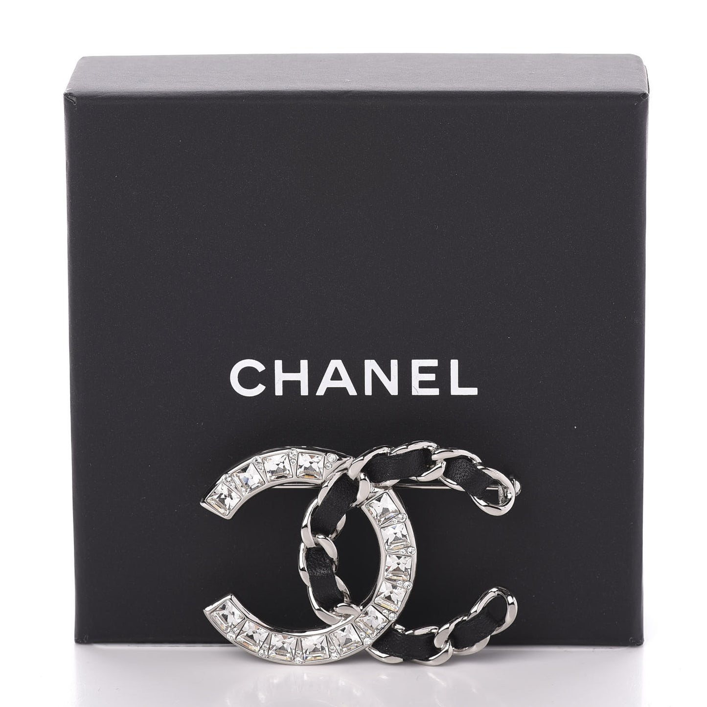 Lambskin Baguette Crystal CC Chain Brooch Black Silver