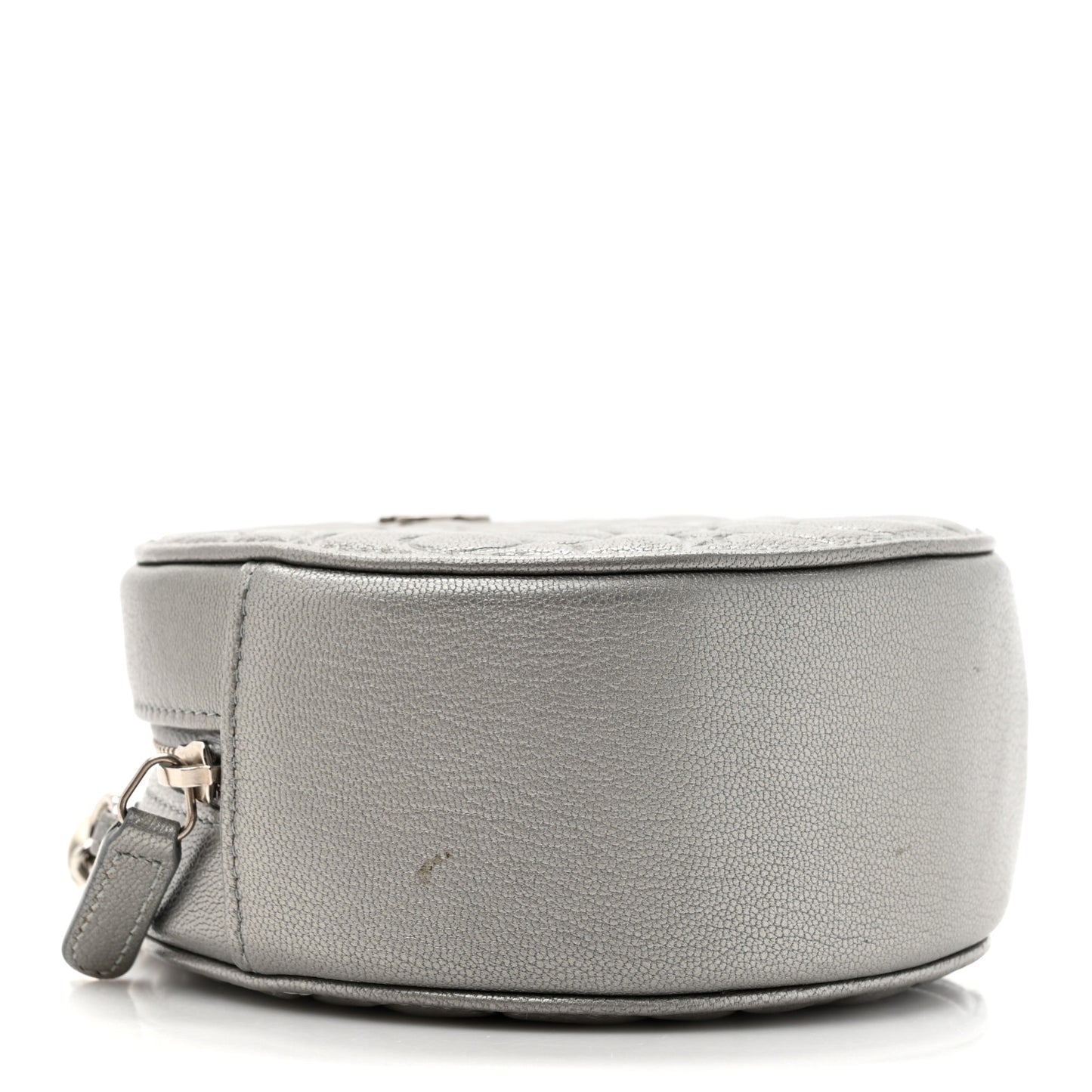 Goatskin Camellia Quilted Round Clutch With Chain Grey
