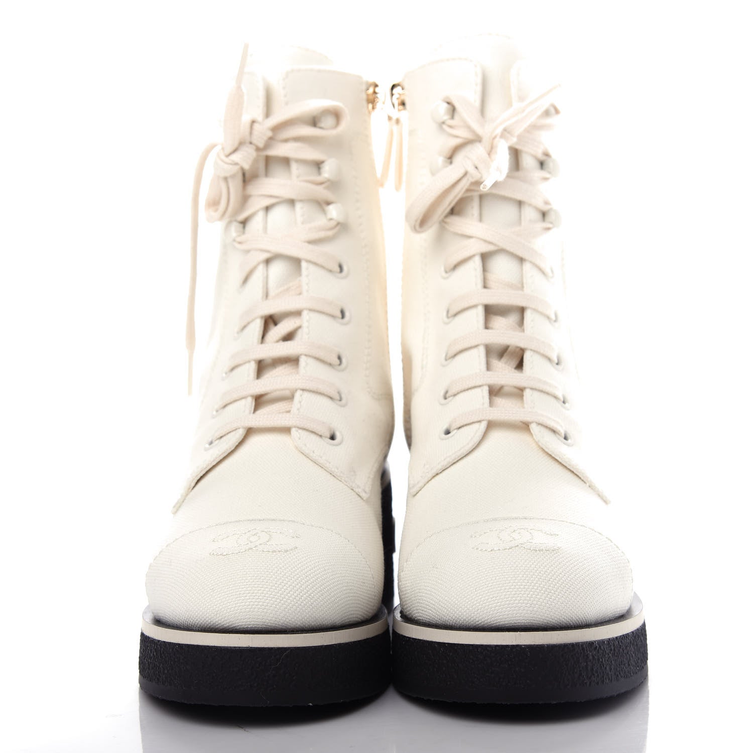 Chanel Fabric CC Lace Up Boots 37.5 White 2 of 13