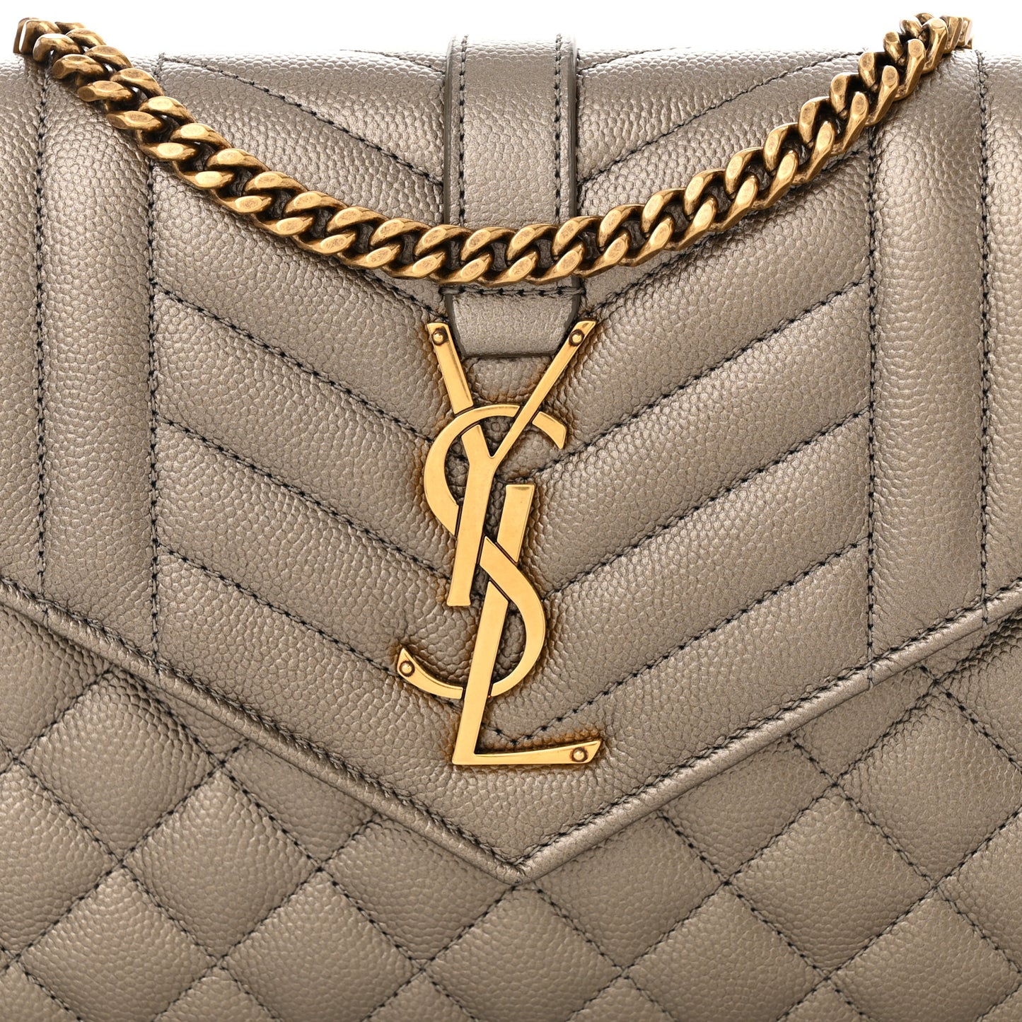 Metallic Grain De Poudre Mixed Matelasse Triquilt Monogram Chain Wallet Piombo