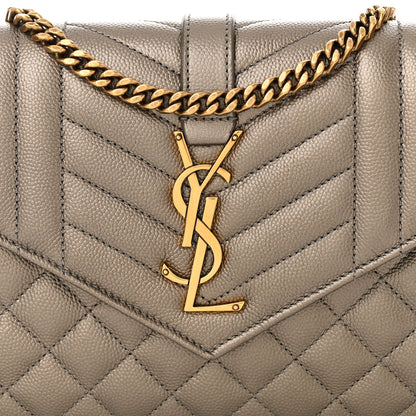Saint Laurent Metallic Grain De Poudre Mixed Matelasse Triquilt Monogram Chain Wallet Piombo 8 of 12