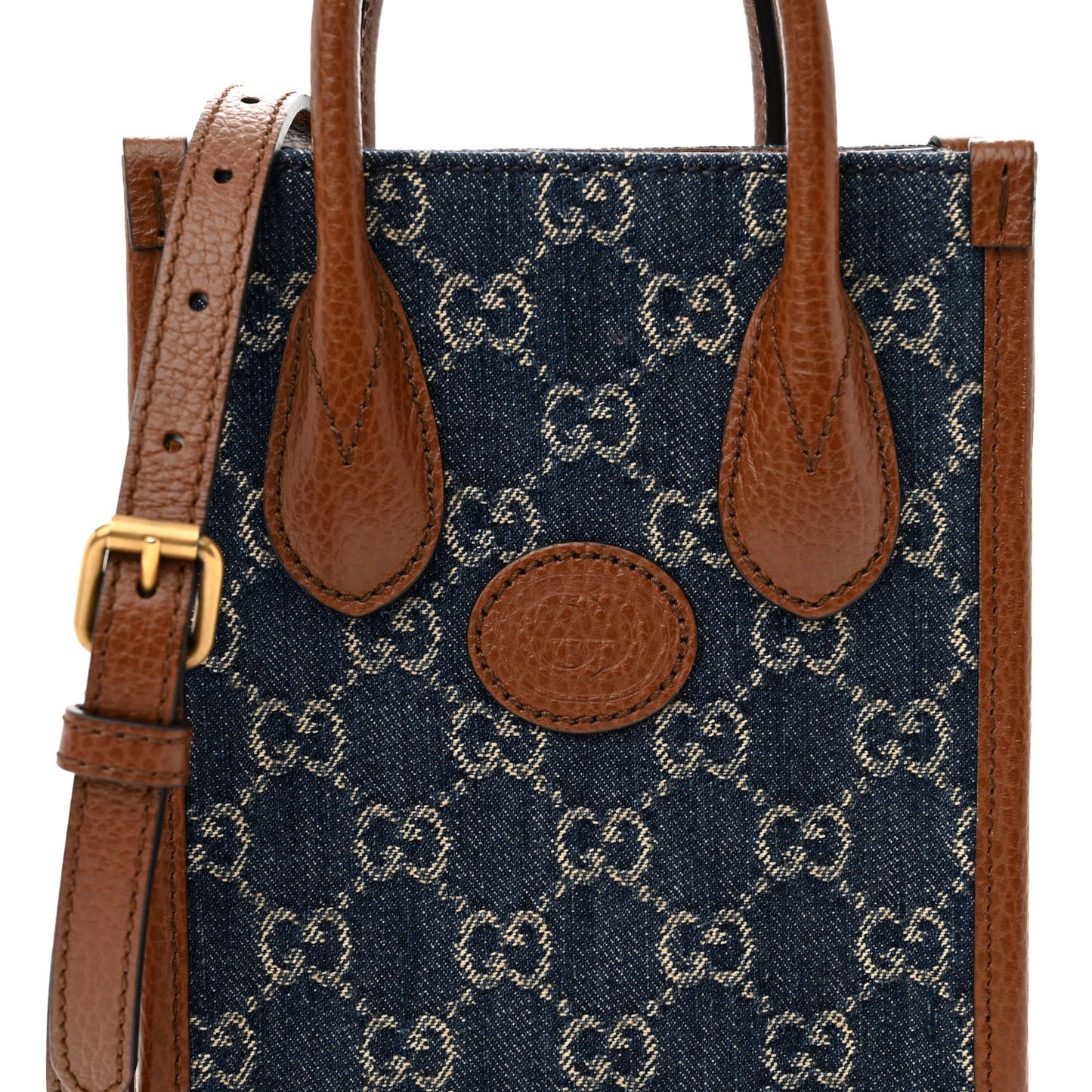 New Denim GG Monogram Dollar Calfskin Mini Retro Interlocking G Tote Bag Blue Tea Cuir Epilog