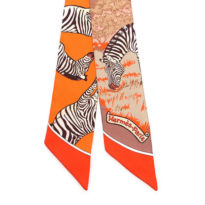 Hermes Silk Les Zebres Twilly Orange Beige Brun 2 of 3