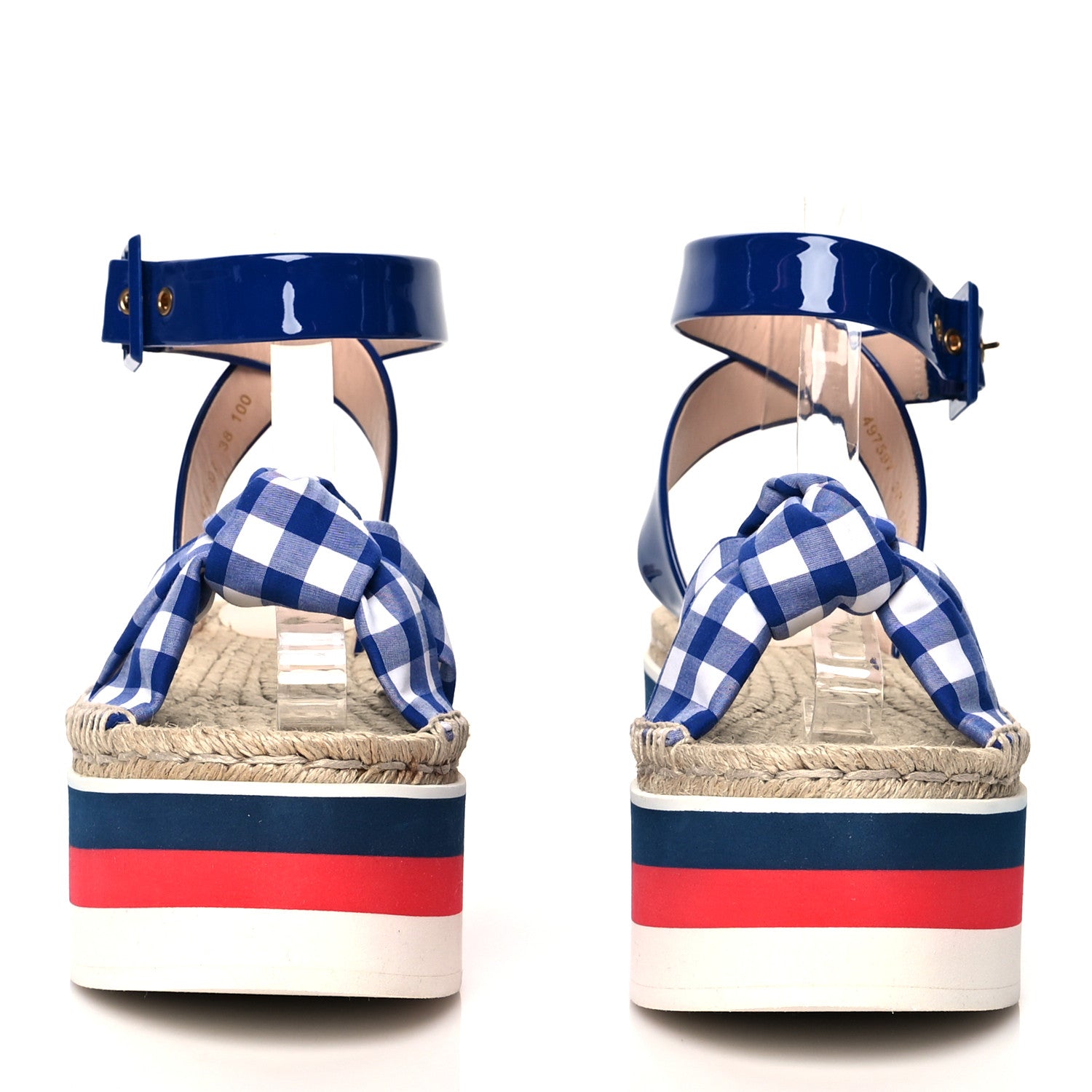 Gucci Patent Cotton Gingham Sefir Espadrille Platform Sandals 38 Blue White 2 of 10