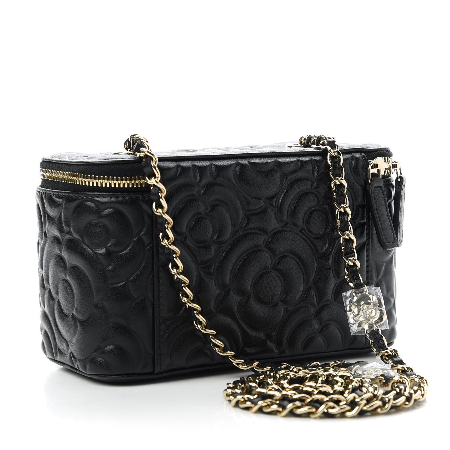 Chanel Lambskin Camellia Embossed Small Vanity Case With Chain Black 3 of 11