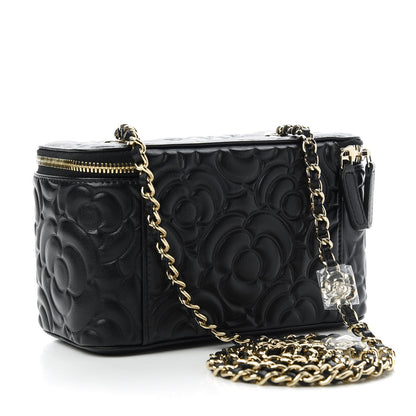 Chanel Lambskin Camellia Embossed Small Vanity Case With Chain Black 3 of 11