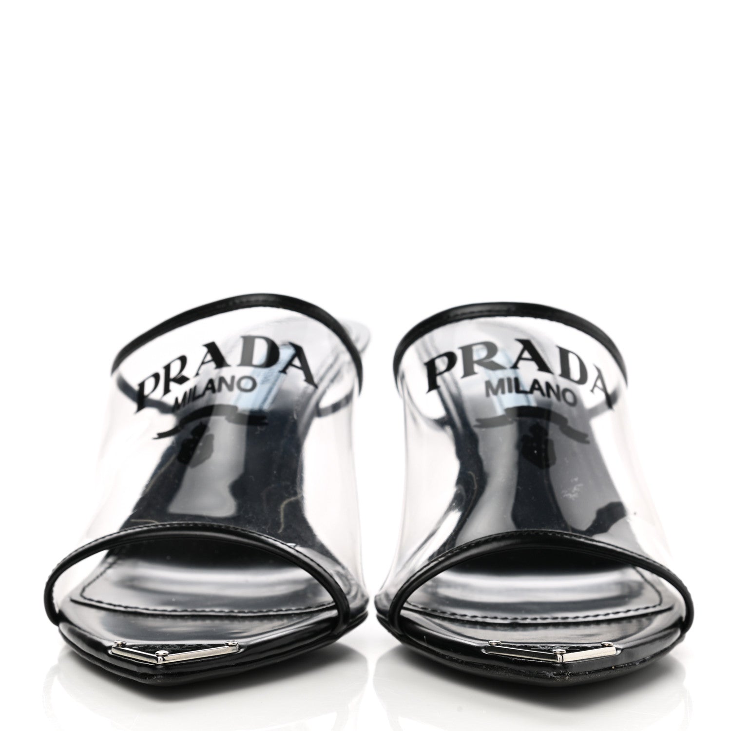 Prada Plexiglass Calfskin Metal Triangle Logo 75mm Slide Sandals 37 Black 2 of 12