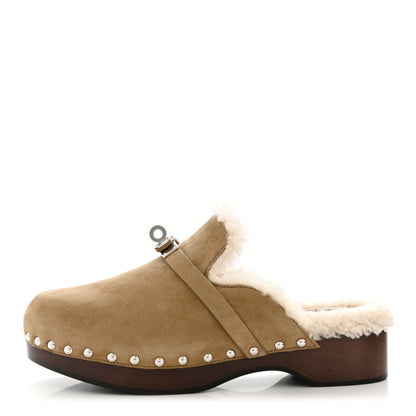 Hermes Suede Goatskin Woolskin Carlotta Mules 37 Beige Gobi 1 of 9