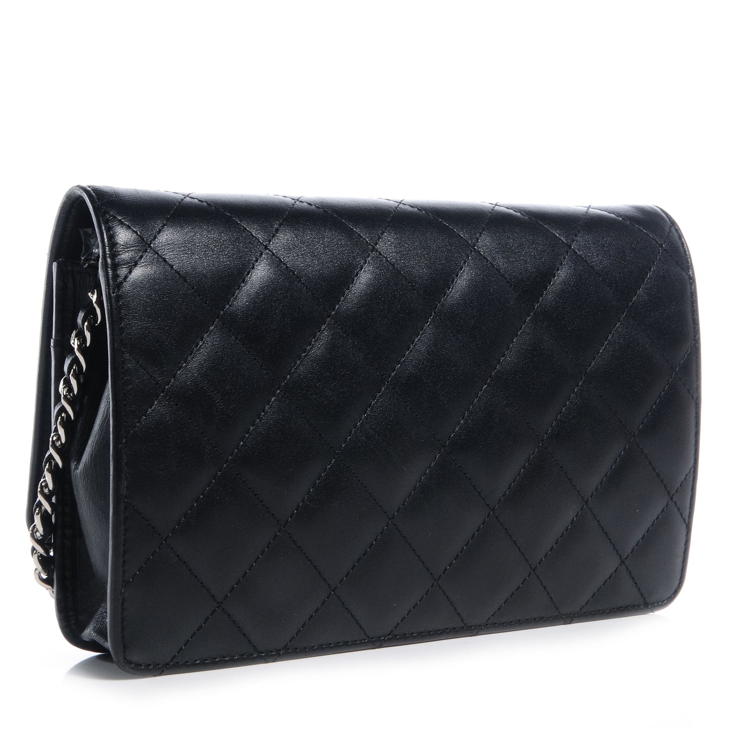 Leather Quilted Cambon Wallet on Chain WOC Black Silver