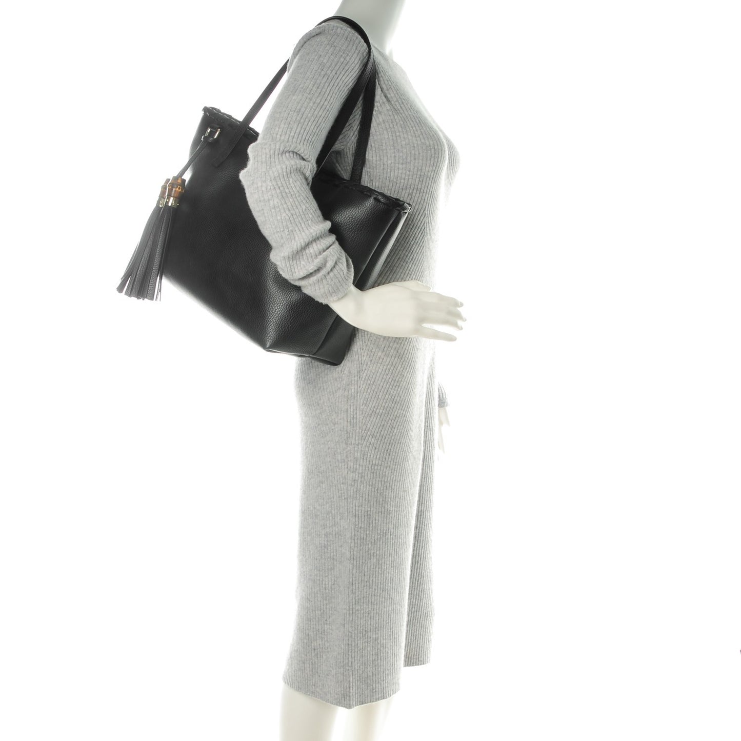 Pebbled Calfskin Bamboo Tassel Tote Black