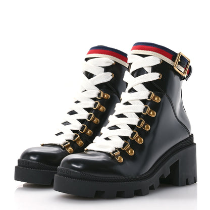 Gucci Calfskin Sylvie Web Womens Lace Up Combat Boots 35 Black 4 of 9
