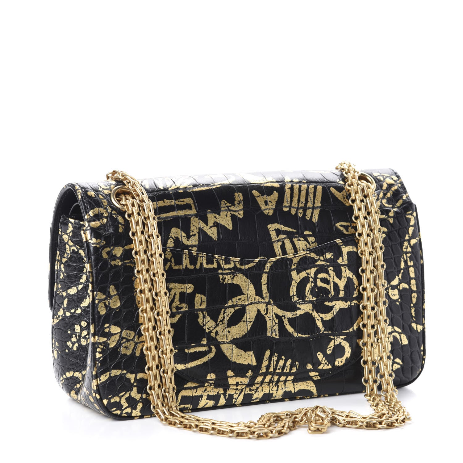 Chanel Calfskin Crocodile Embossed Graffiti 2.55 Cocodile Reissue 225 Flap Black Gold 3 of 13